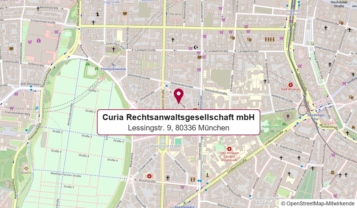 Anfahrtskarte: Curia Rechtsanwaltsgesellschaft mbH, Lessingstraße 9, 80336 München